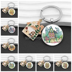 Beautiful House Key Chains Flower Cabin Keychain Glass Cabochon Cute Gift for Women and Girls