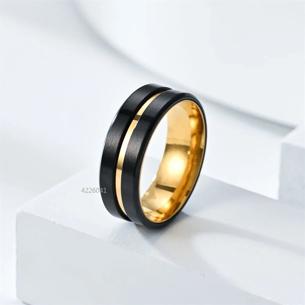 8MM Black Titanium Ring for Men Boys Simple Stainless steel Rings Trendy Double-color Groove Rings Jewelry Accessories Gifts