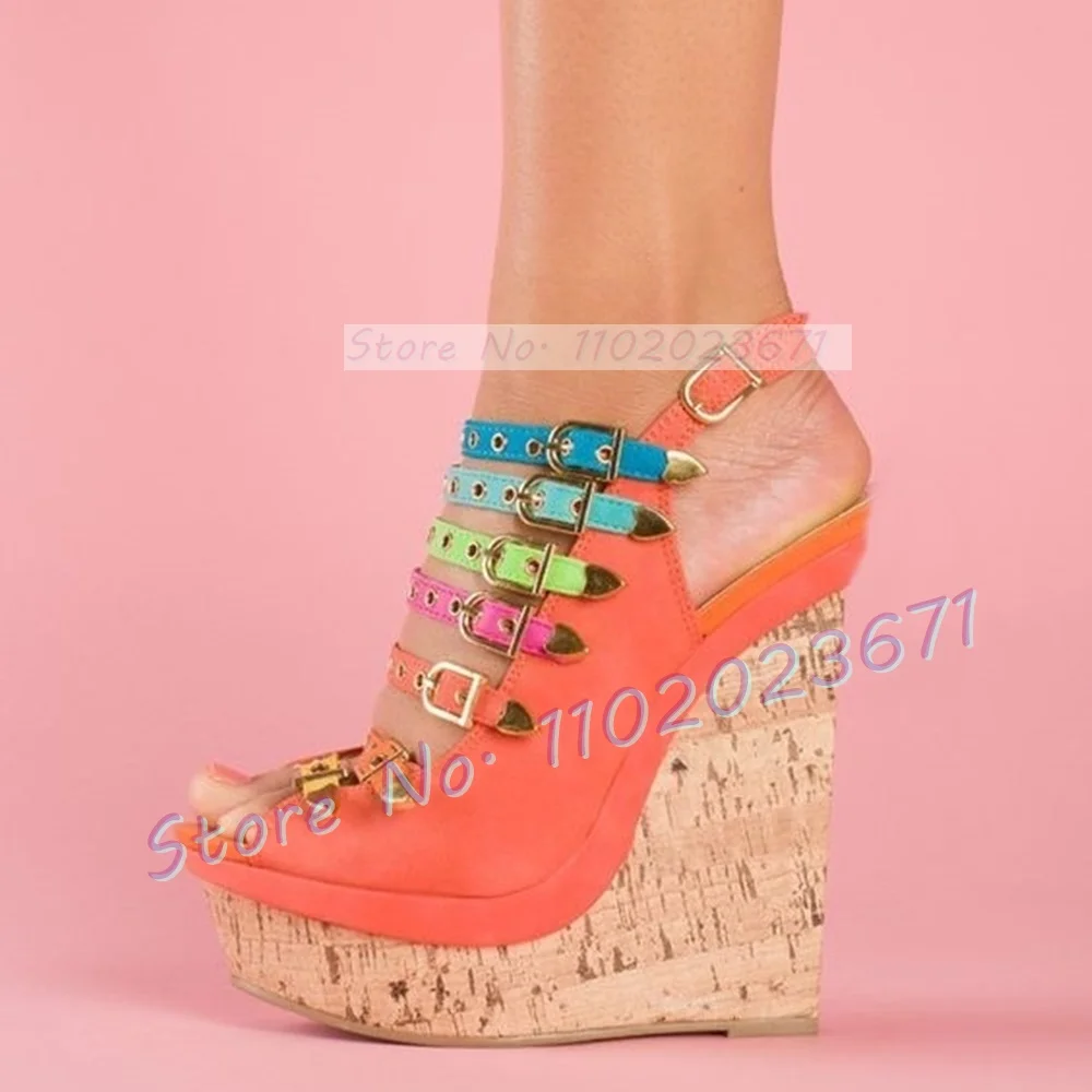 Multi color Strappy Wedge Sandals Ladies Summer Wooden Platform Metal Belt Buckles Shoes Women Summer Sexy Peep Toe Party Sandal