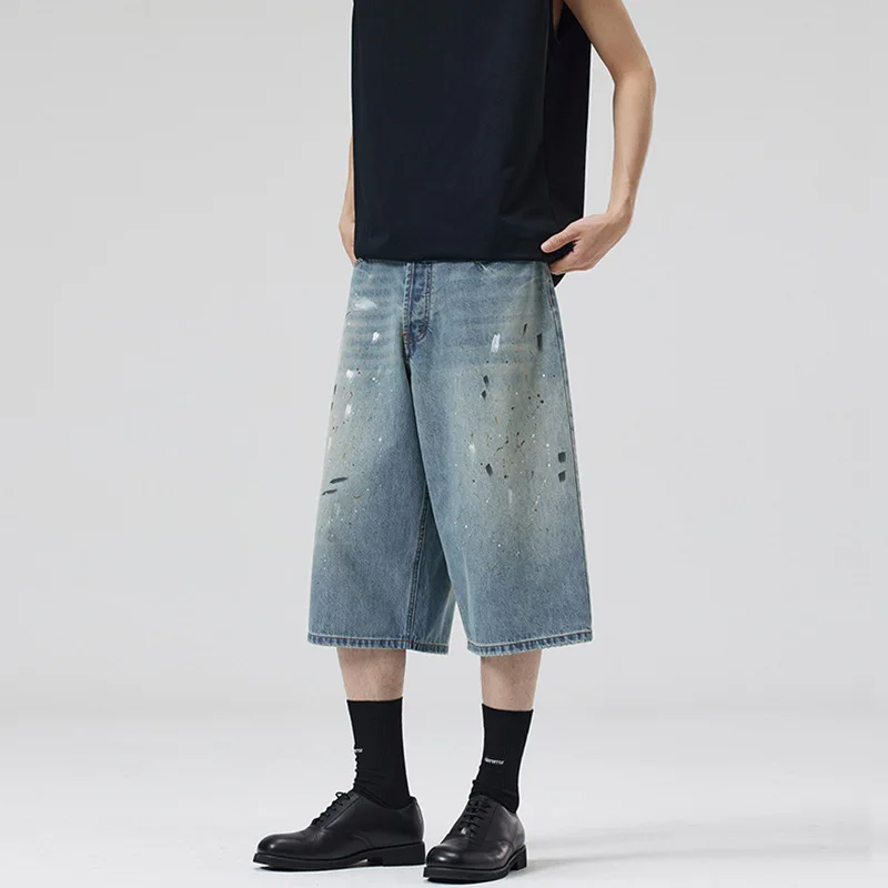 Summer American Vintage New Fashion Men's Light Blue Splashed Ink Casual Trendy Simple Calf Length Jeans Pants Denim Trousers