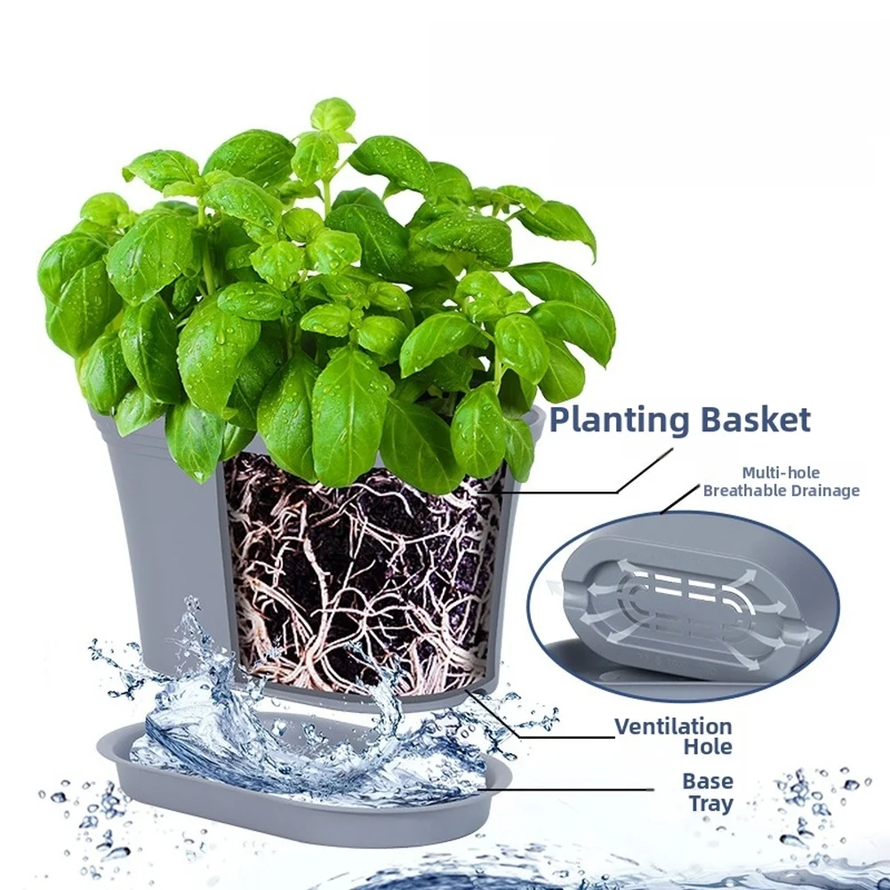 Plastic Flower Pot with Tray Self Watering System for Home Office Plants 18.4x9.8x10cm Compact Breathable 2pcs