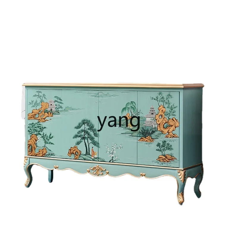 LMM Solid Wood Hand Painted Golden Outline Luxury Green Curio Cabinet New Chinese Meal Side Storage Tea Storage Cabinet