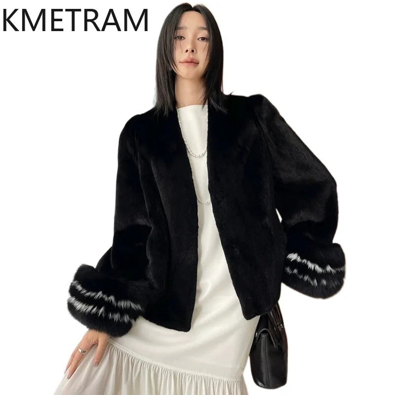 

KMETRAM Natural Velvet Mink Fur Coat Woman Fashion Fox Fur Cuff Jacket Real Fur Coats New in Winter Women Clothing 2026 casaco