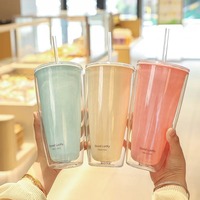 750ML New Simple Large-capacity Solid Color Double-layer Plastic Cup Home Office Straw Cup Summer Drink Coffee Cup Water Cup