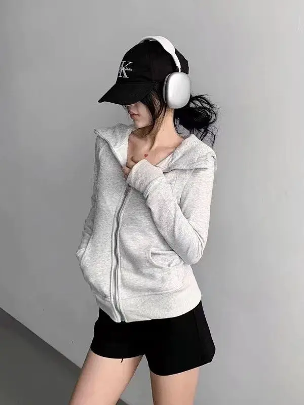 

Весна 2026: Женская американская толстовка-кардиган Slim Fit с одной молнией, повседневная верхняя одежда, микрострейч