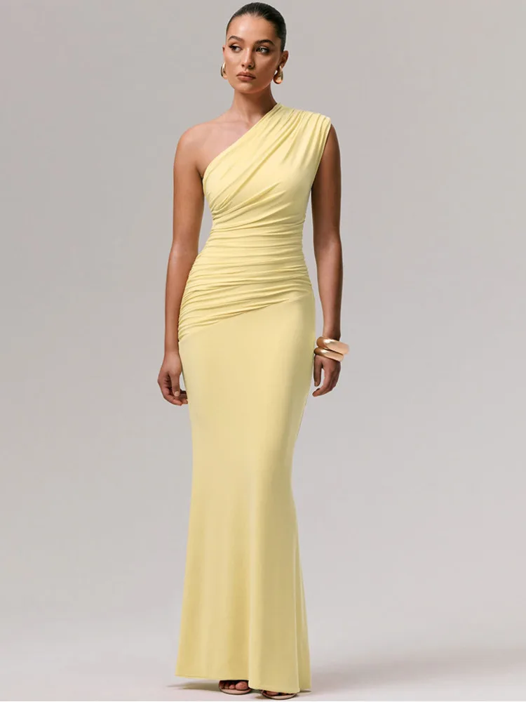 Blifanbo Schulterfreies Sexy Maxikleid für Damen, Elegantes Bodycon Ärmelloses Kleid mit Hoher Taille, Gerafftes Einfarbiges Schlankes Club-Party-Langkleid