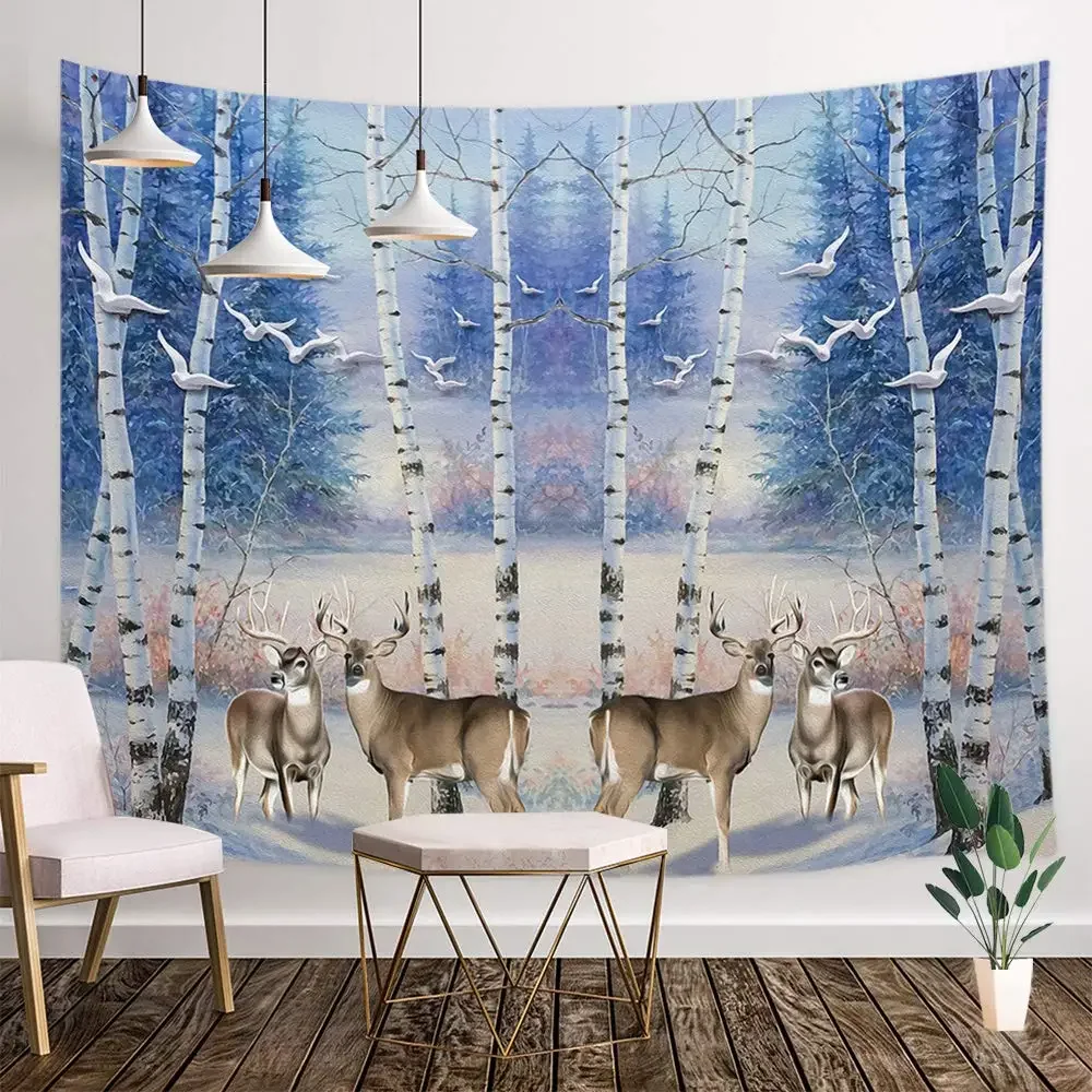 

Deer in Fantasy Winter Forest with Christmas Tree and Bird Wall Tapestry