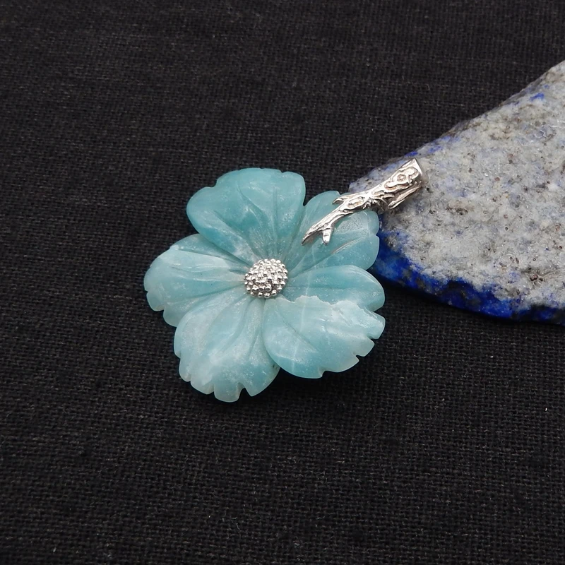 925 Sterling Silver Pendant,Natural Stone Amazonite Handcarved Flower Pendant Women Gift 32x35x6mm 9g