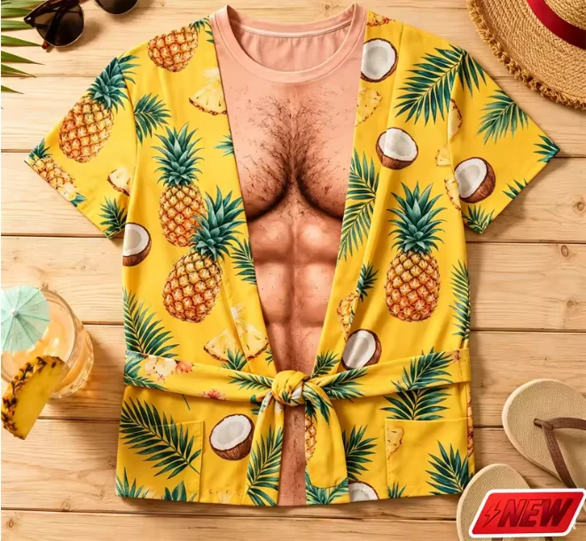 Sexy Hot 3D Fake Muscle Print T‑Shirt Men, Charming Hawaiian Floral Short Sleeve Tee, Novelty Party Beach Costume Top