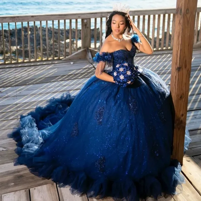 

Customized dark blue Quinceanera Dresses Off the Shoulder sequin beads applique Lace layering Long tail Vestido 15 Quinceanera