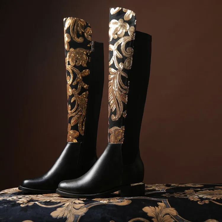 Elegant Golden Sequin Embroidery Knee High Boots Women Round Toe Side Zip Low Block Heel Long Dress Boots For Evening Party