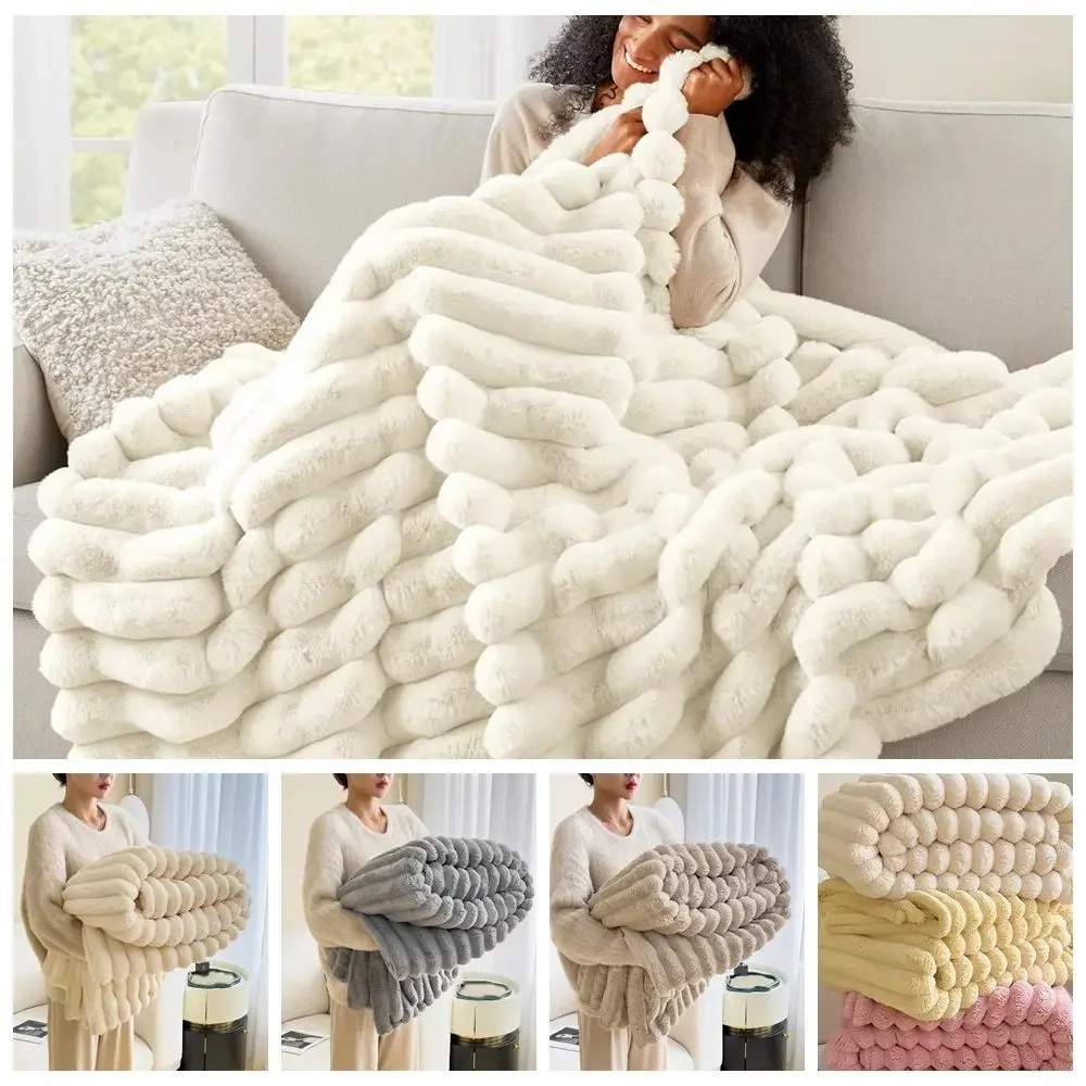 Ultra Soft Faux Rabbit Fur Throw Blanket Warm Plush Striped Blankets Conditioning Quilt Fluffy Throws for Couch Chair Sofa Jimin