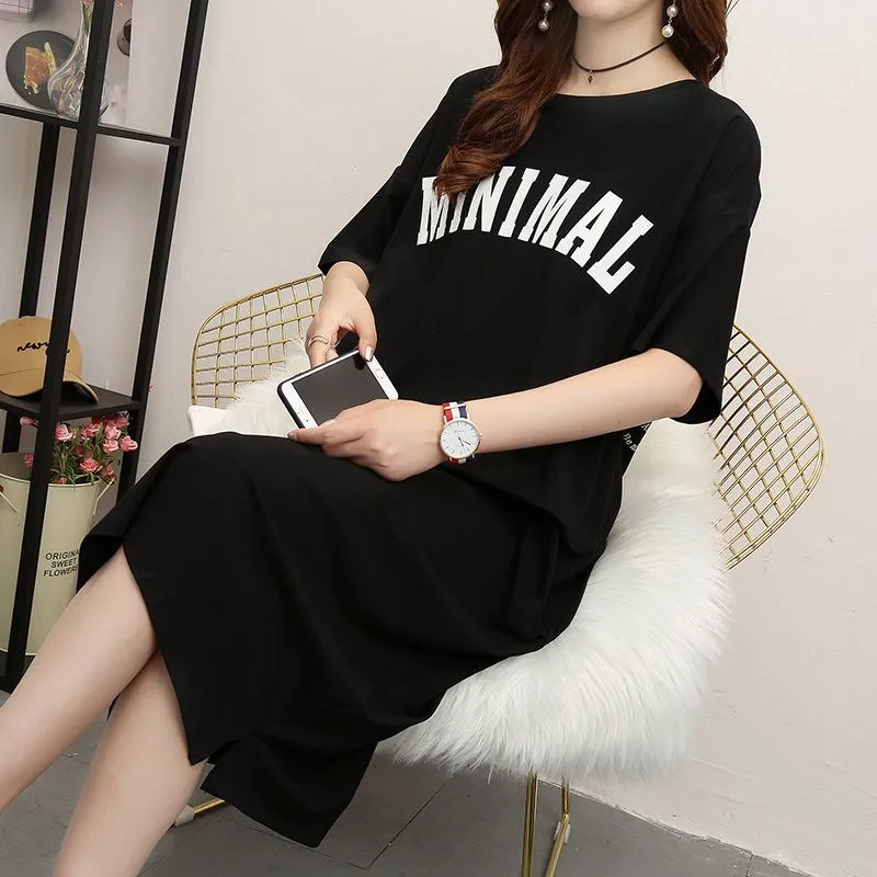 ขนาดบวกเกาหลีเซ็กซี่เปิดหลังยาวเสื้อยืดกระโปรงชุดนอนชุดเสื้อผ้าสตรีฤดูร้อนแขนสั้นชุดลําลองเปลือย