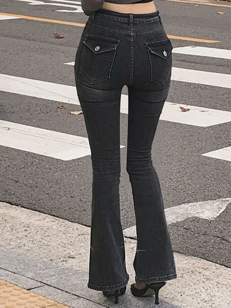 

Женские джинсы с высокой талией, расклешенные, облегающие, повседневные, в стиле ретро, американские, универсальные, из хлопкового стрейч-денима, длинные брюки