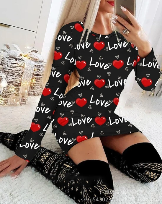 

Glitter Bodycon Dress Women Heart Shaped Letter Print Party Dresses Mini Dresses O-Neck Bodycon Elegant Winter 2023 Vestidos