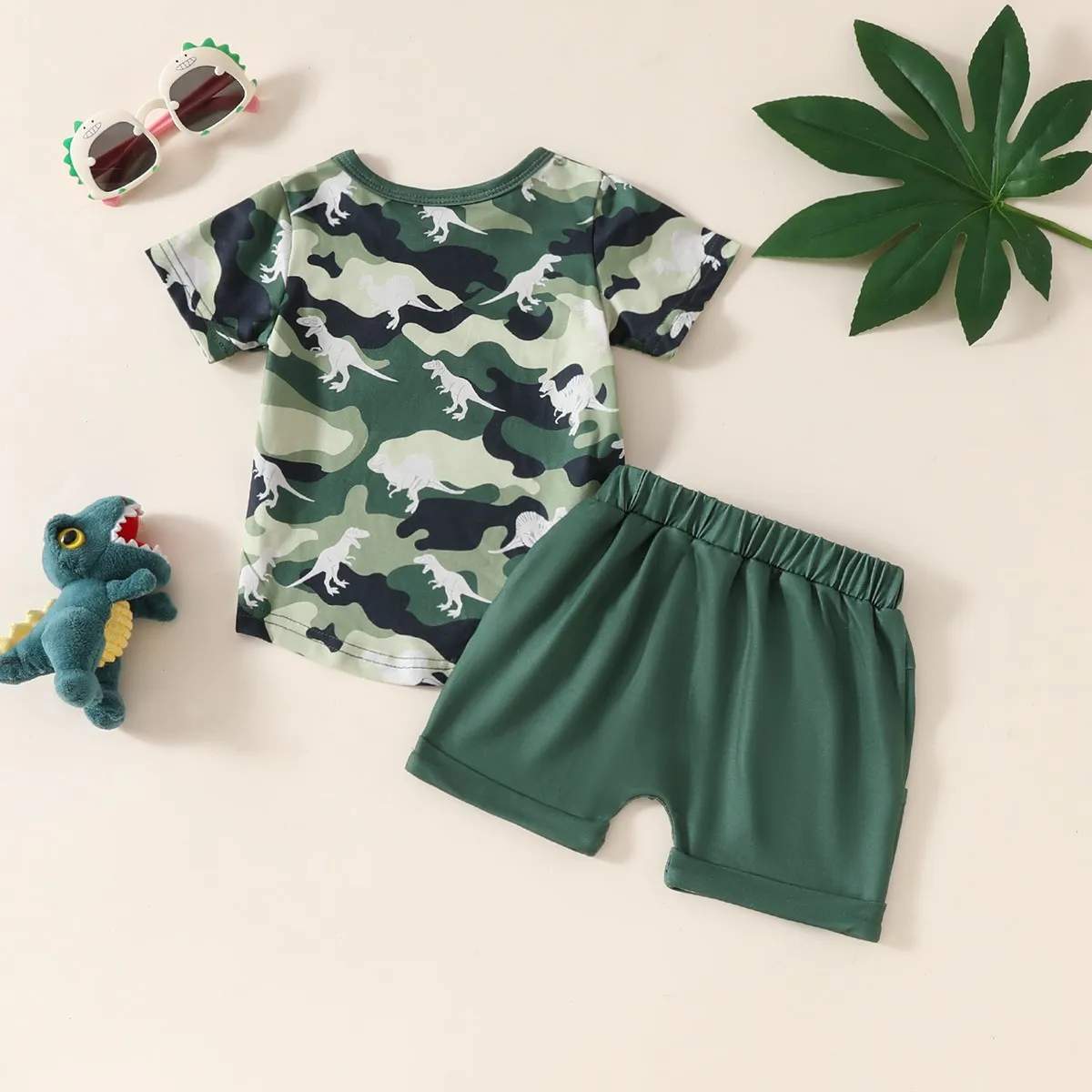 Baby Boys Summer Camouflage Dinosaur Irregular Hem T-shirt Tops + Solid Color Shorts Two-piece Set