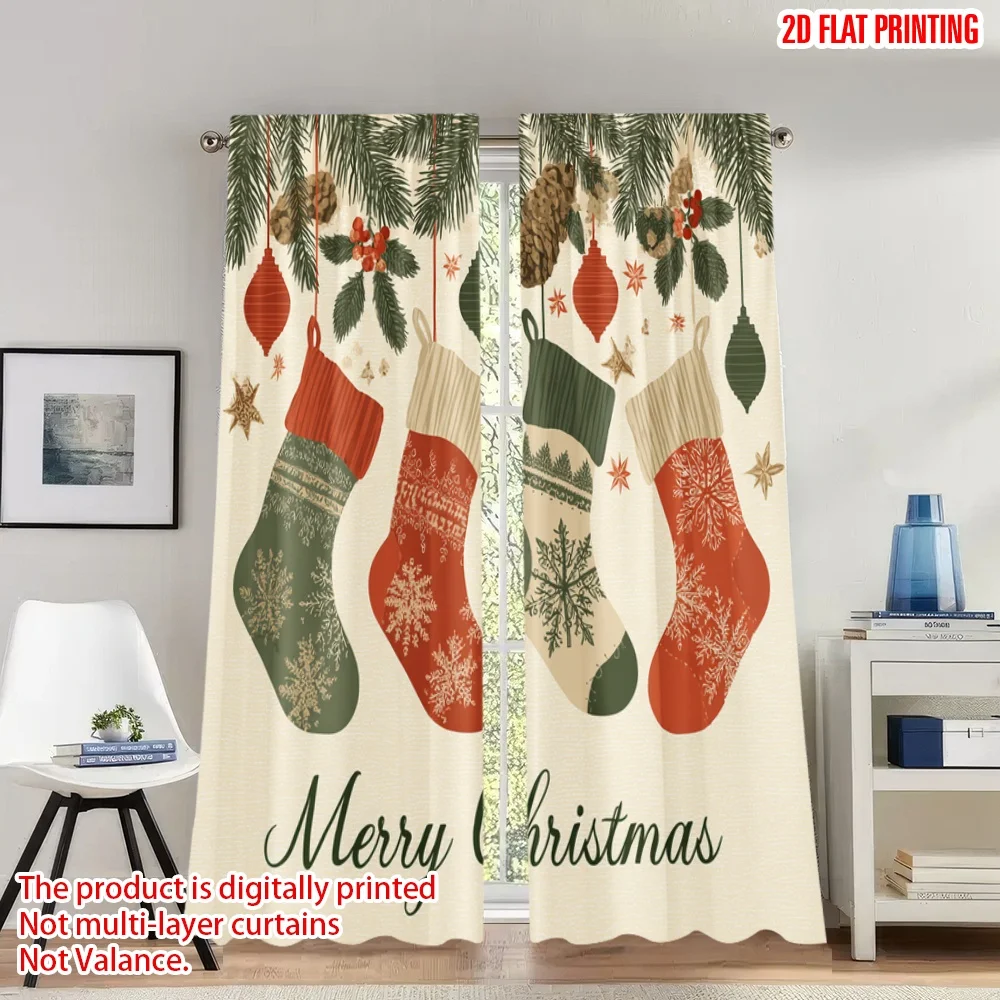 

2pcs 2D flat printing Merry Christmas Curtains Christmas Socks Stockings Winter Holiday Digital Printed Polyester Drapes
