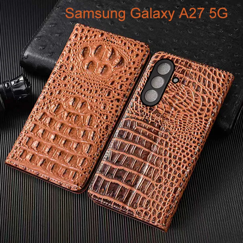 

Crocodile Claw Genuine Leather Flip Case For Samsung Galaxy A27 Phone Cover Card Cases Scratch Proof