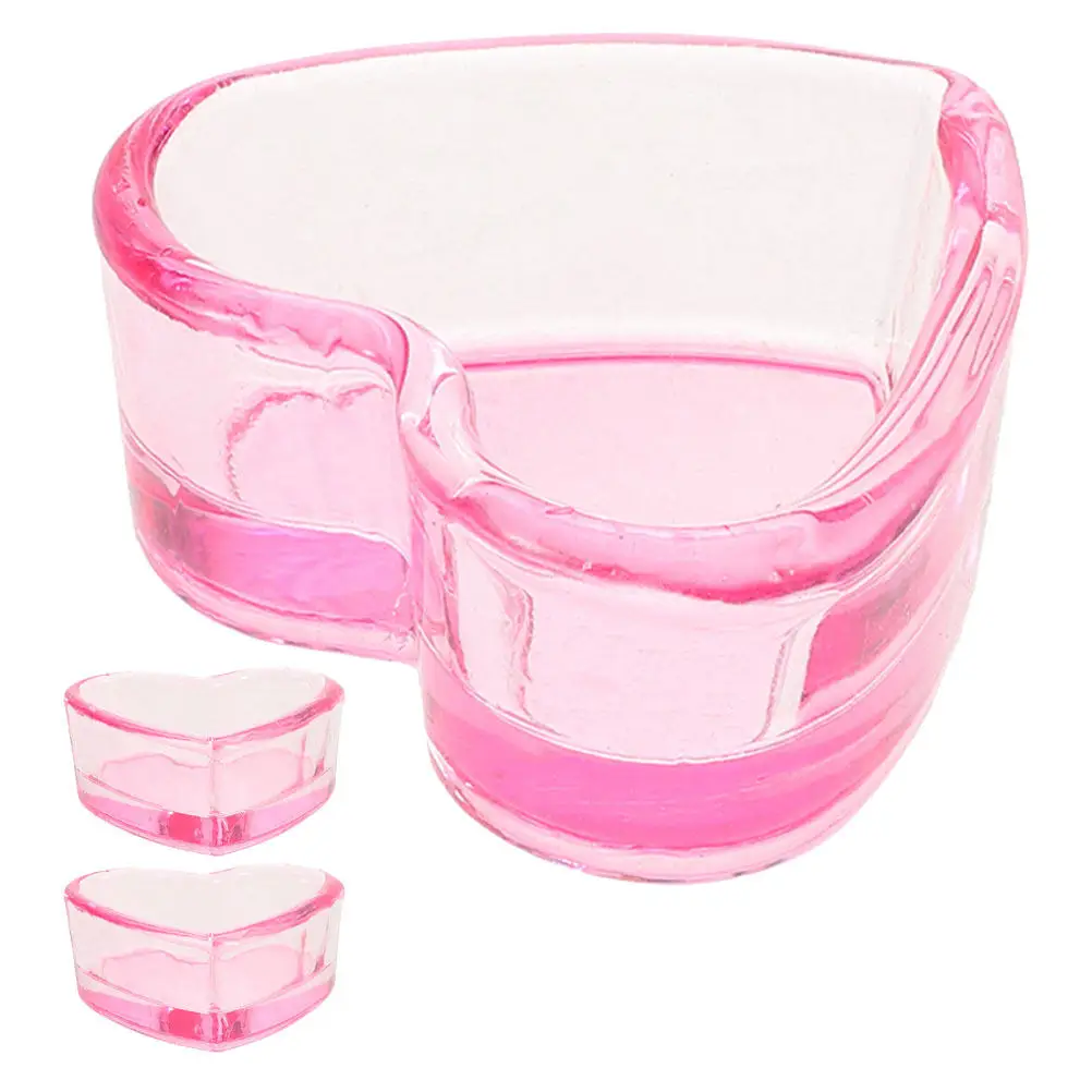 3Pcs Heart Shape Nail Cup Transparent Pink Glass Manicure Tool Holder Nail Art Pen Cleaning Cup Makeup Brush Holder