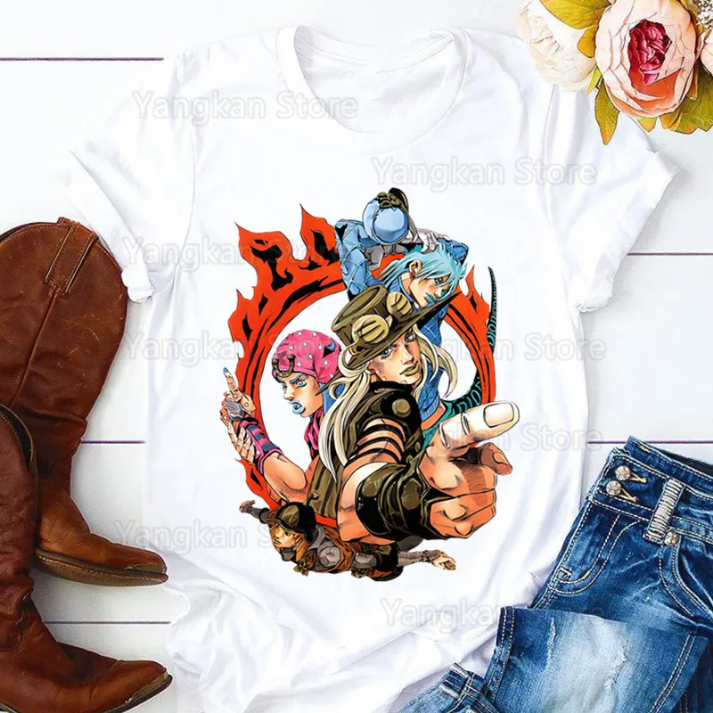 STEEL BALL RUN Short Sleeve Round Neck Slight Stretch T-Shirt White Gyro Zeppeli Joestar T Shirt Graphic Tees Unisex Tops Tshirt