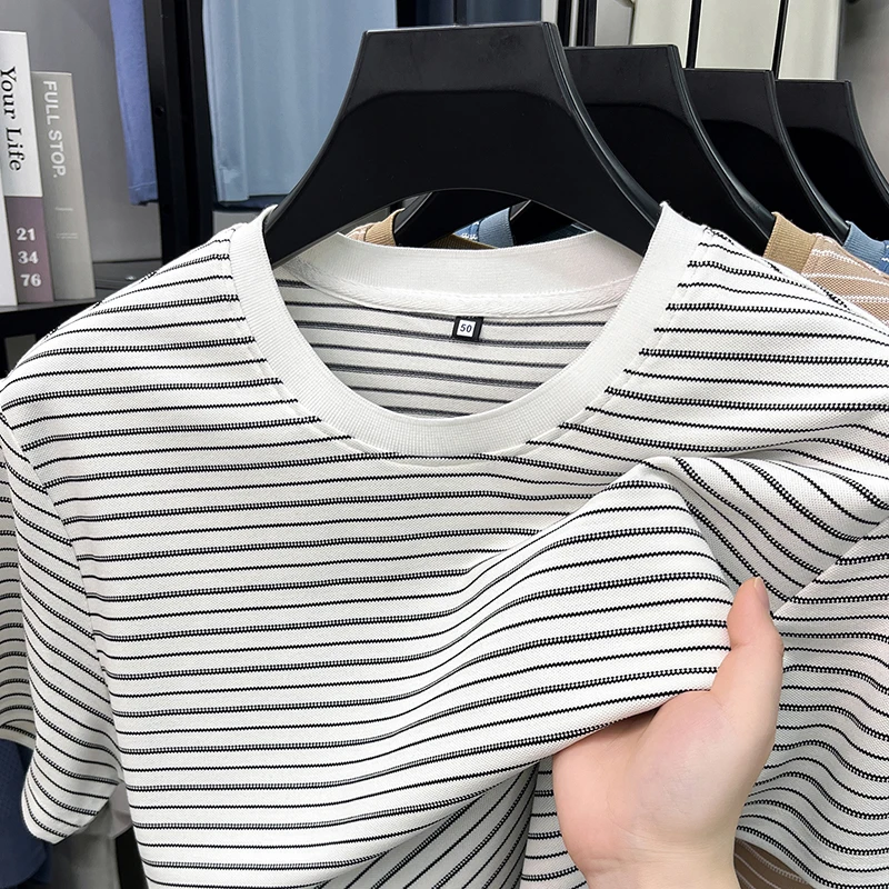 Fashion luxury men's short sleeve T-shirt high-quality unique stripes new summer round neck comfort breathable Korean style top