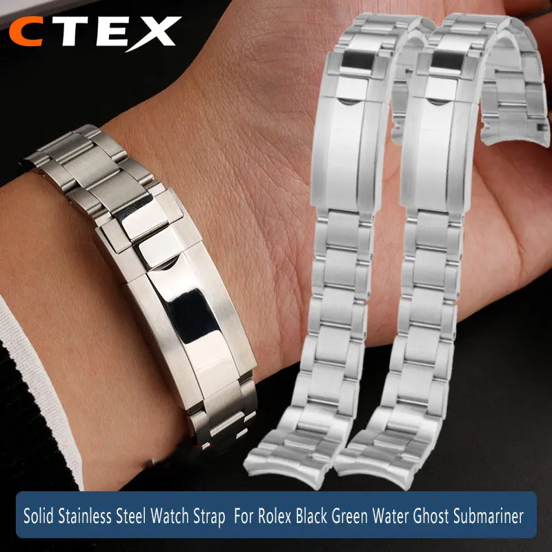 

Solid Stainless Steel Watch Strap 20mm For Rolex Black Green Water Ghost Submariner Curved end Folding buckle watchband Bracele