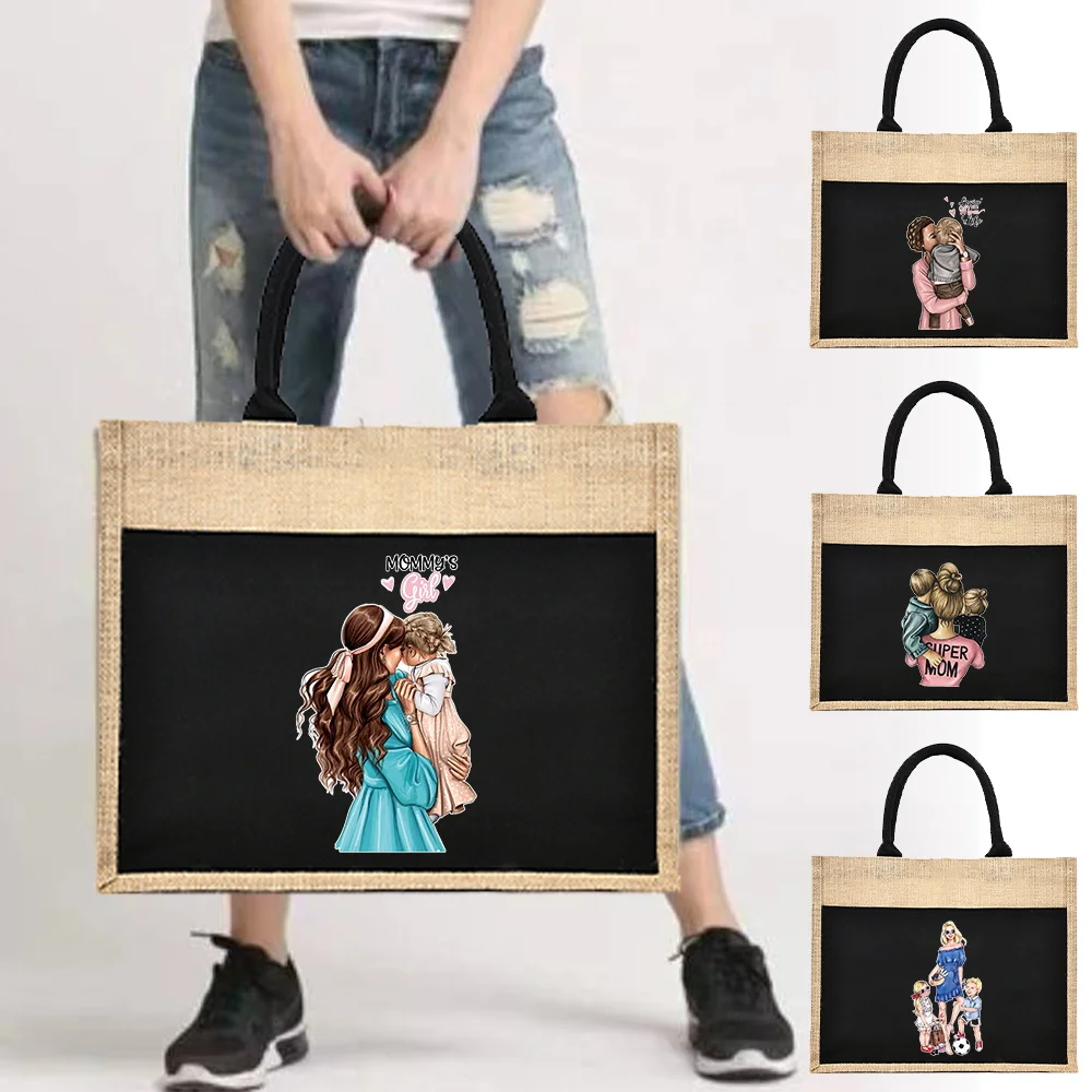 Linen Shoulder Sacks Jute Handbag Jute Imitation Sacks Linen Women Shopping Tote Laminated Bag Designer Tote Mother's Love Theme