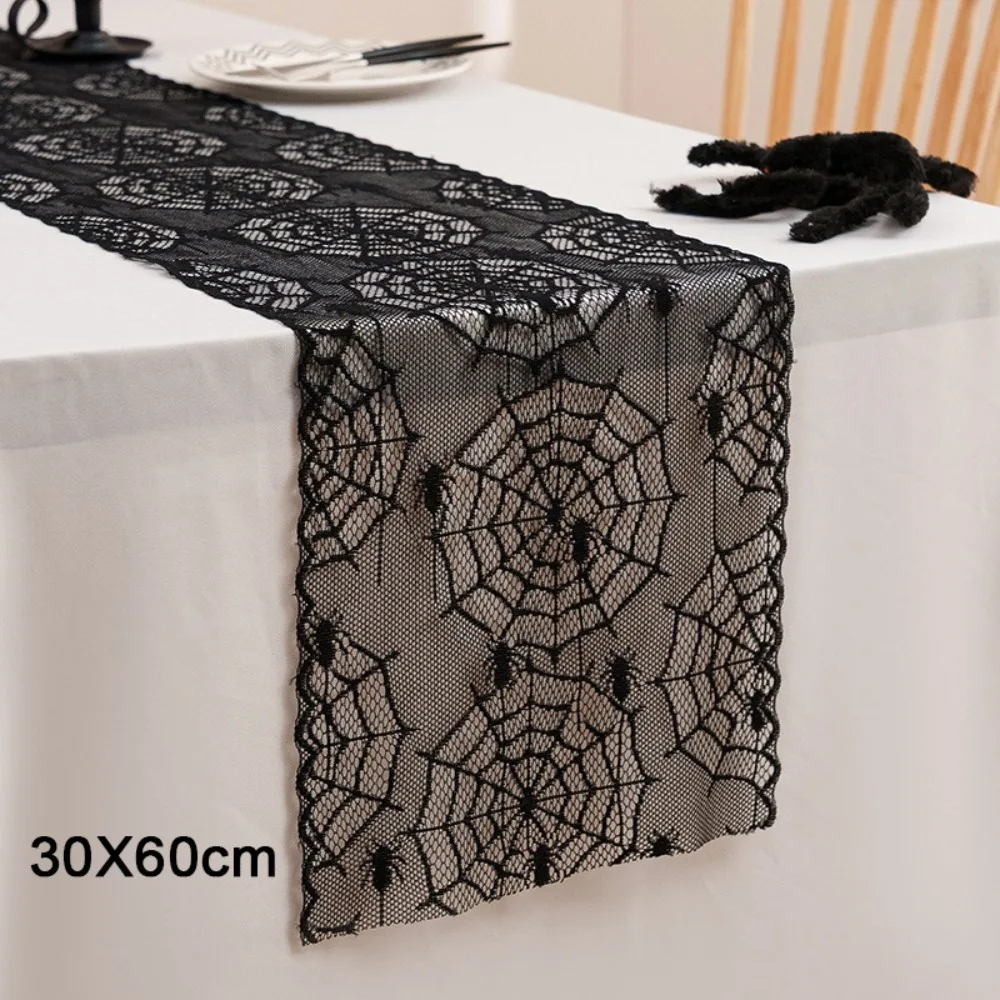 Camino de mesa de Halloween de Color negro, camino de mesa de tela de araña de estilo gótico de longitud larga, Material de encaje, camino de mesa calado