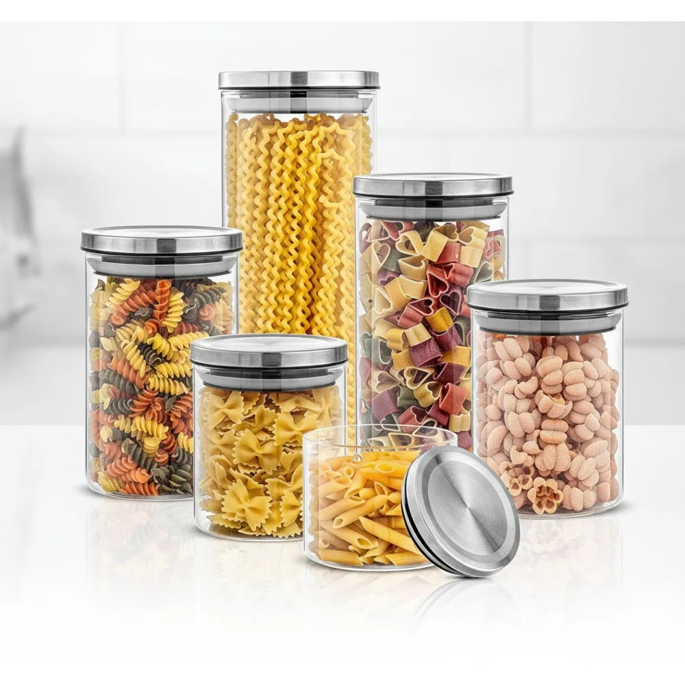 

Набор из 6 стеклянных канистр с герметичными крышками из нержавеющей стали — универсальное хранилище для кладовой для организации кухни