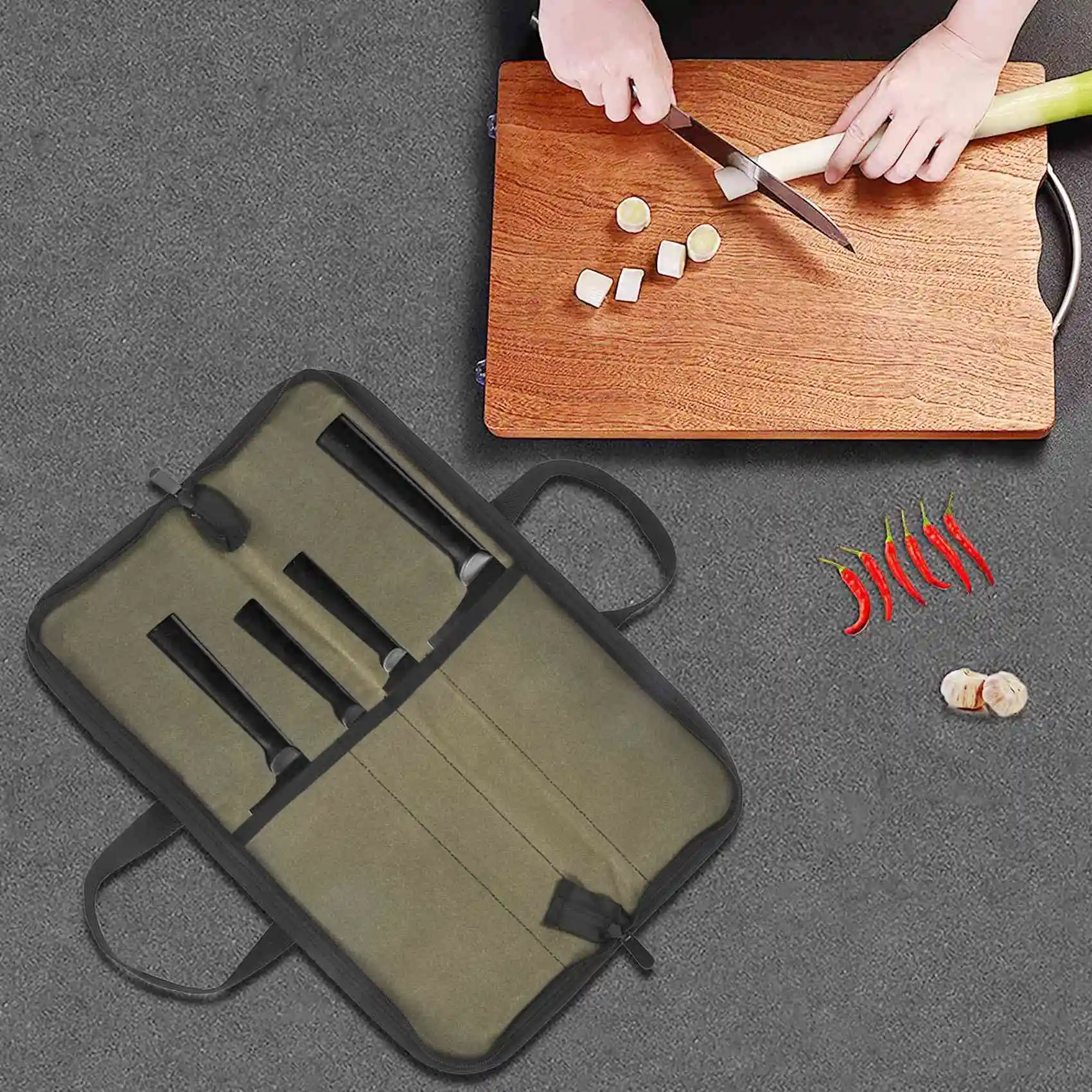 Bolsa de faca ABJS (4 espaços), estojo para faca de chef, rolo de lona encerada, bolsa de transporte para faca para homens e mulheres, verde