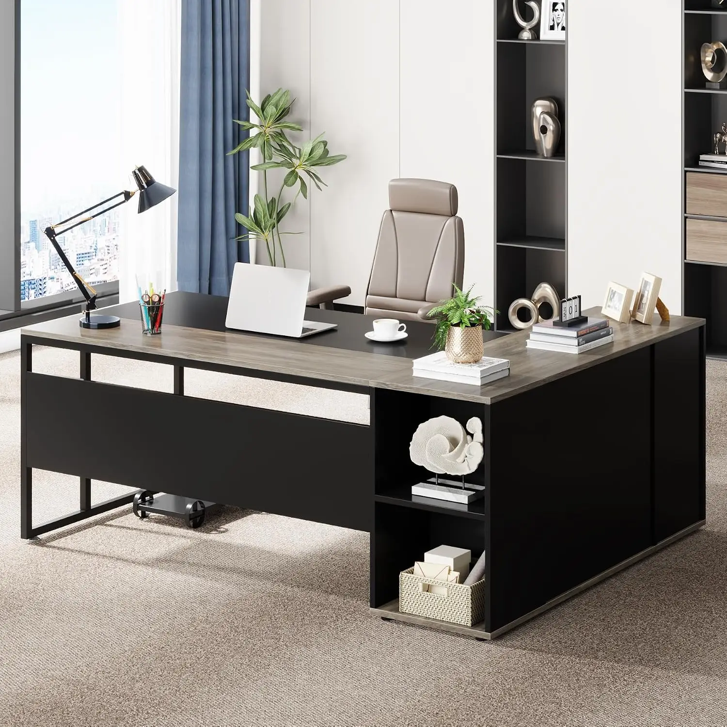 71 inch Executive Desk, L Shaped Desk with Cabinet Storage | Executive Office Desk with Storage Shelves, Large Computer Desk, Bu