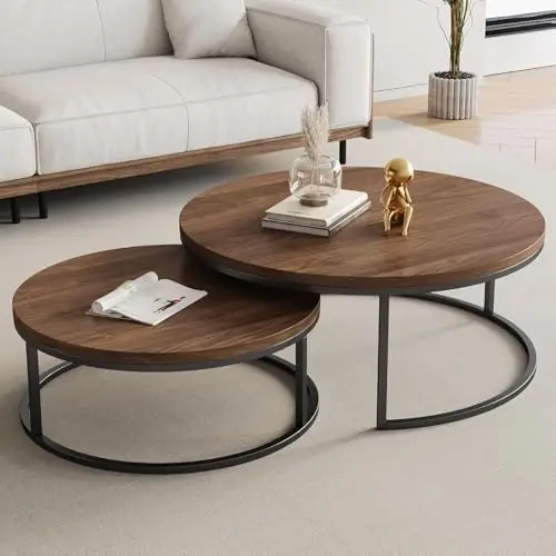 Round Nesting Coffee Table Set of 2, Modern Minimalist Accent Tables for Living Room, Bedroom, Office, Stackable Side