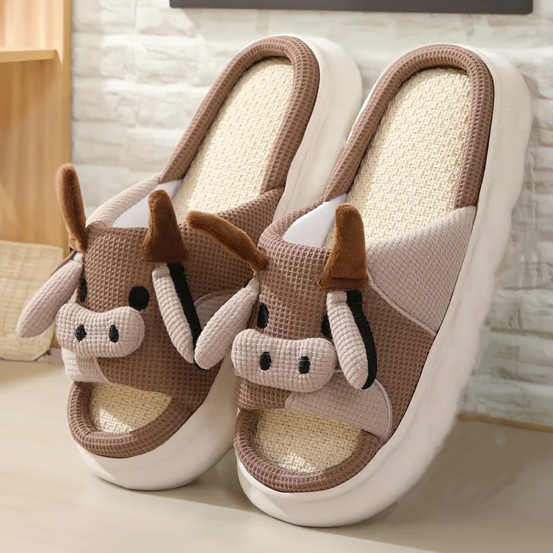 Hot Sale Women  Linen Slippers Four Seasons Men Indoor Sandals Adults Cartoon  Couples Cute Breathable Home Shoes