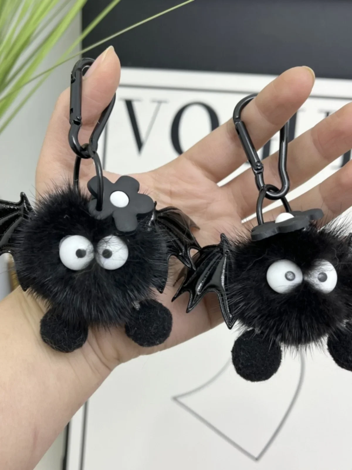 Real Mink Fur Keychains Cute Halloween Imitation Mink Hair Little Devil Bag Pendant Ins Plush Ball Monster Keychain Pendant