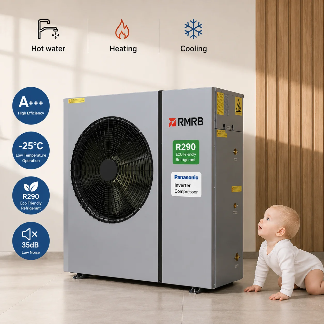 12kW R290 EVI DC Inverter Monoblock Air To Water Heat Pump A+++ Heating Cooling DHW WiFi Control CE OEM For Home