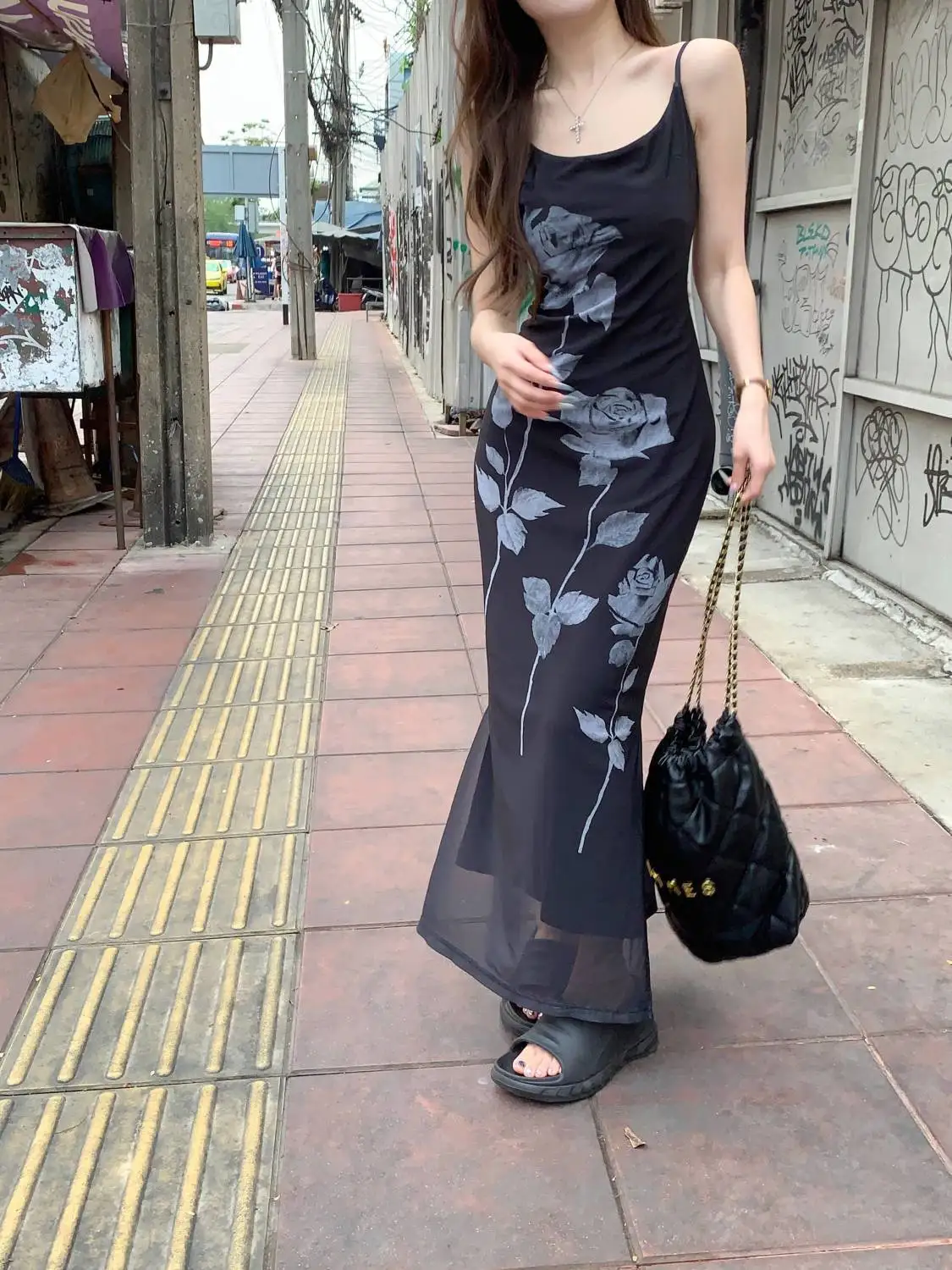 الفرنسية الرغبة النقية سبليت فساتين النساء ضيق الخصر Bodycon فستان أنيق روز مطبوعة شبكة الحمالات Vestidos فام #6