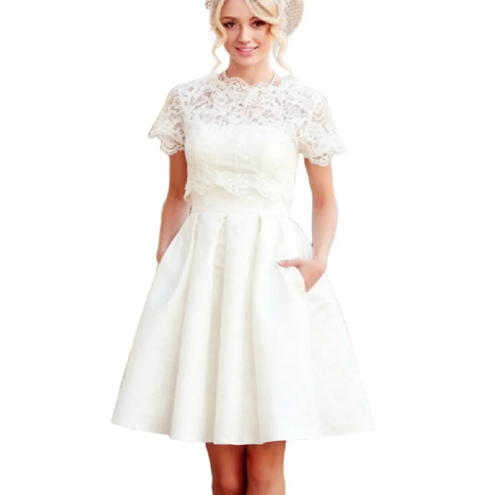 2026 Vintage Lace Short Wedding Dress with Pockets Tea Length Bridal Gown 50s Lace Capelet Top Satin Garden Civil Vestio Bodas