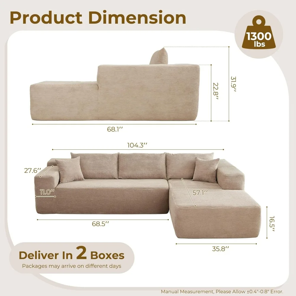 104" L-förmige modulare Sofagarnitur – bequeme gepolsterte Cloud-Couch für Wohnzimmer – moderne minimalistische Couch, tiefer Sitz