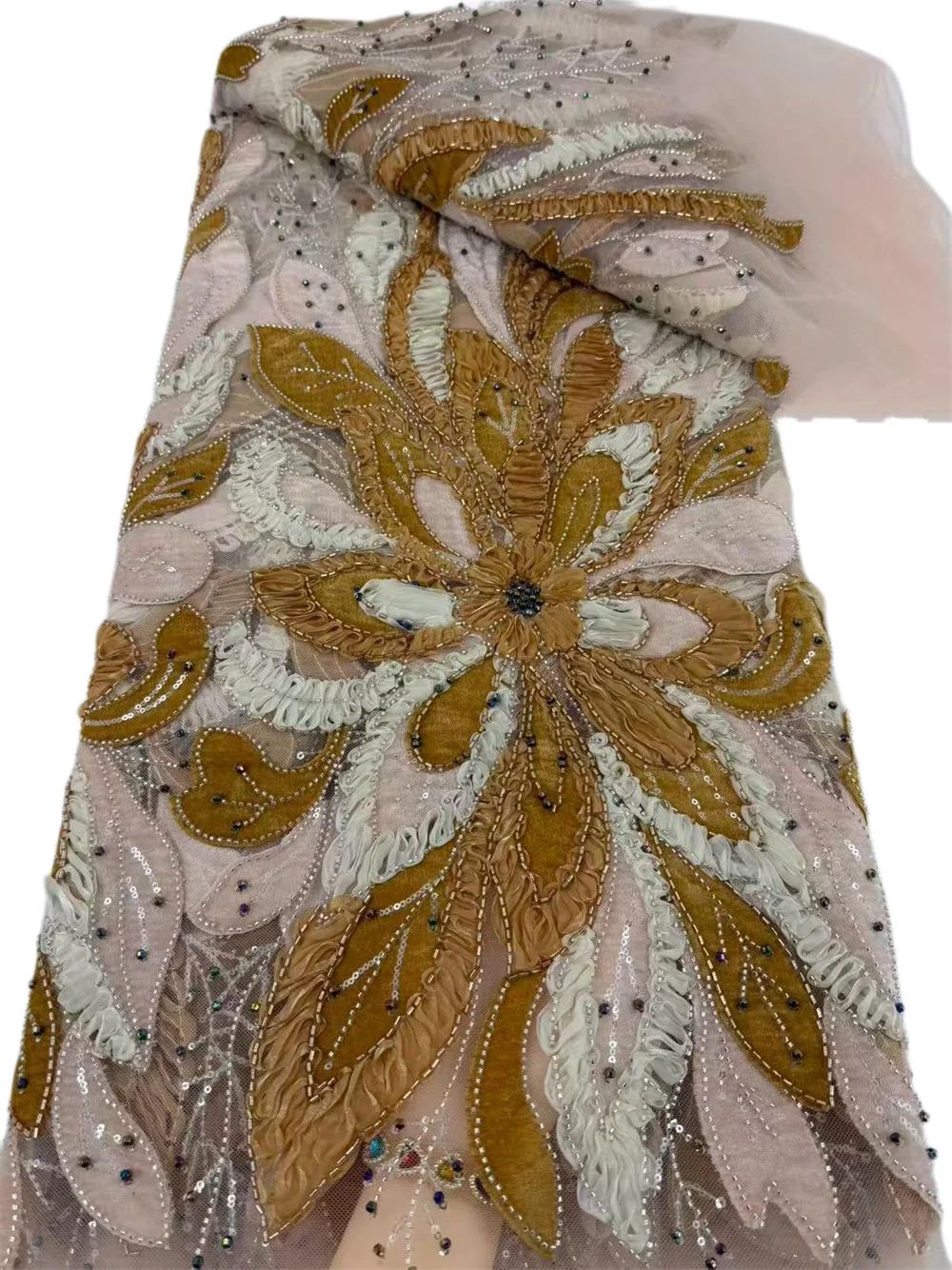 Sexy African 3D Big Flower Ribbons Lace Fabric Embroidery Luxury French Mesh Lace Fabric Sequins Beads For Nigerian Women Party