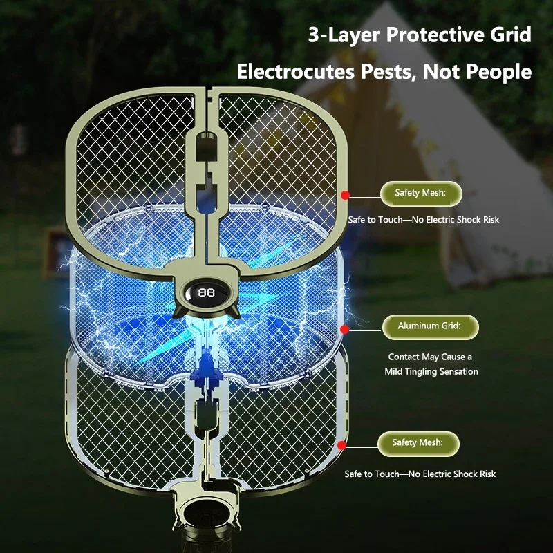 2-in-1 Foldable Electric Mosquito Racket Killer Lamp USB Rechargeable Fly Swatter Insect Trap Portable for Home Outdoor Camping