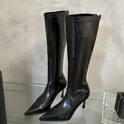 Eilyken Design Soft Pointed Toe Women Knee-High Boots Designer Party Dress Street Long Booties Thin Heels Shoes