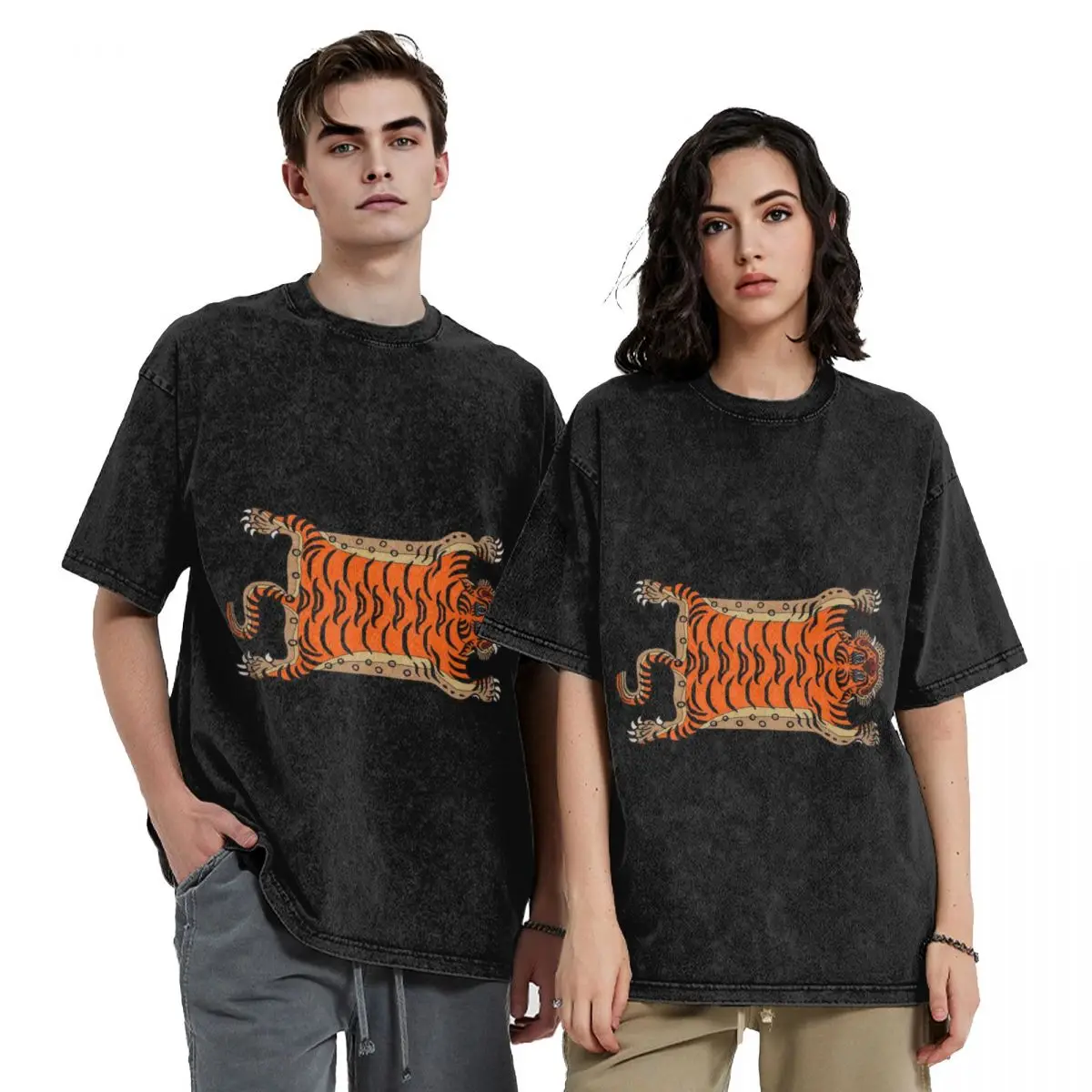 Tibetan Tiger Rug Hip Hop Short Sleeve T-Shirts Washed Tops Tees Streetwear T Shirt Vintage for Men woman