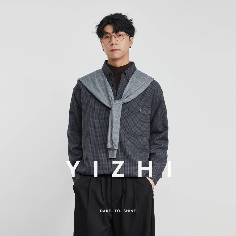 

Fashion Men's Fine Check Long-Sleeve Shirt 2025 Autumn Winter New Loose Casual Layered Long-Sleeve Shirt