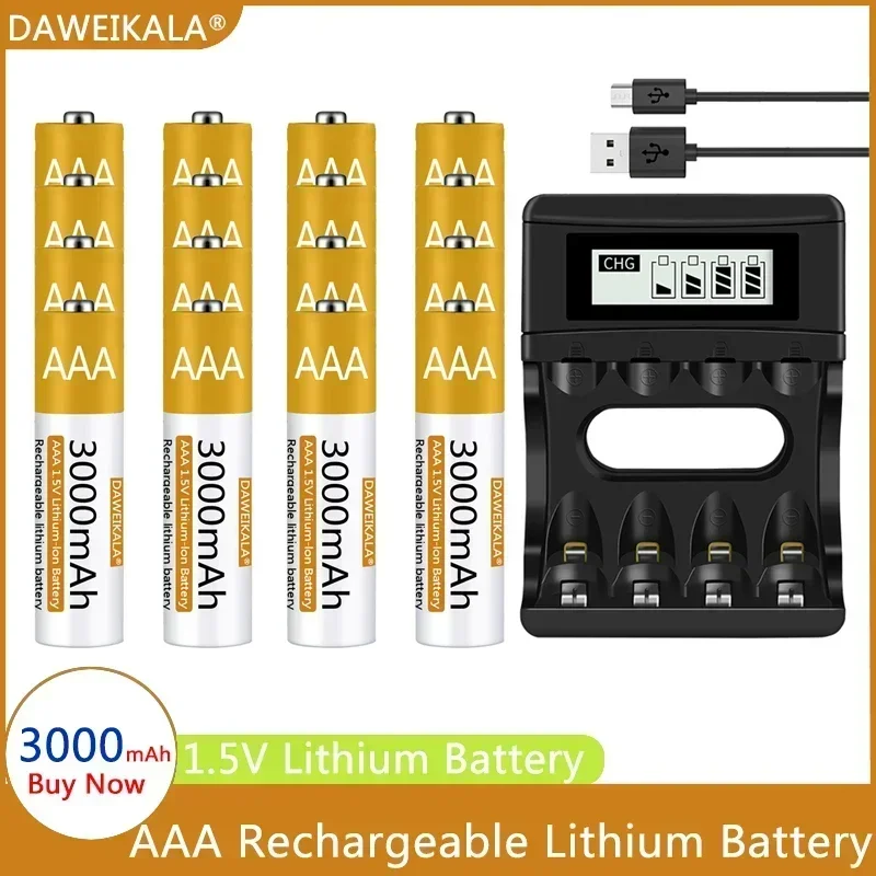 AAA Battery 1.5V Rechargeable 3000mAh Lithium-ion Battery AAA Battery for remote control mouse Electric toy with USB charger