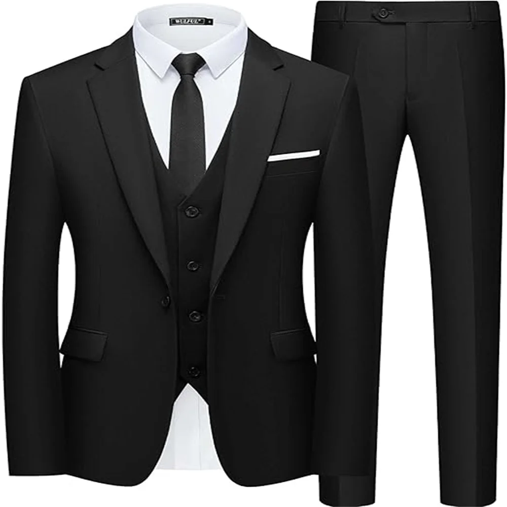 

Black men's Suit 3 piece Wedding tailored elegant wedding blazer vest pants formal wear