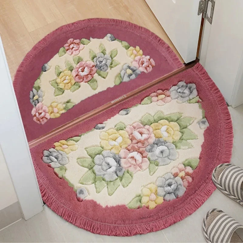 Flower Pattern Semicircular Floor Mat Dining Room Living Room Decorative Carpet Toilet Non-slip Mat Kitchen Absorbent Pad