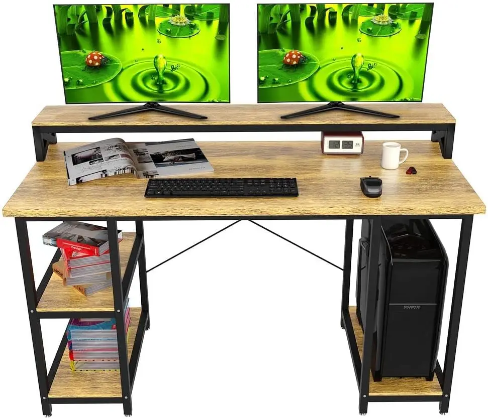 

Wood Computer Desk with Monitor , 55 inch Industrial Studio Gaming Desk with , Dual Monitor Stand, Home Office PC Desk, Modern R