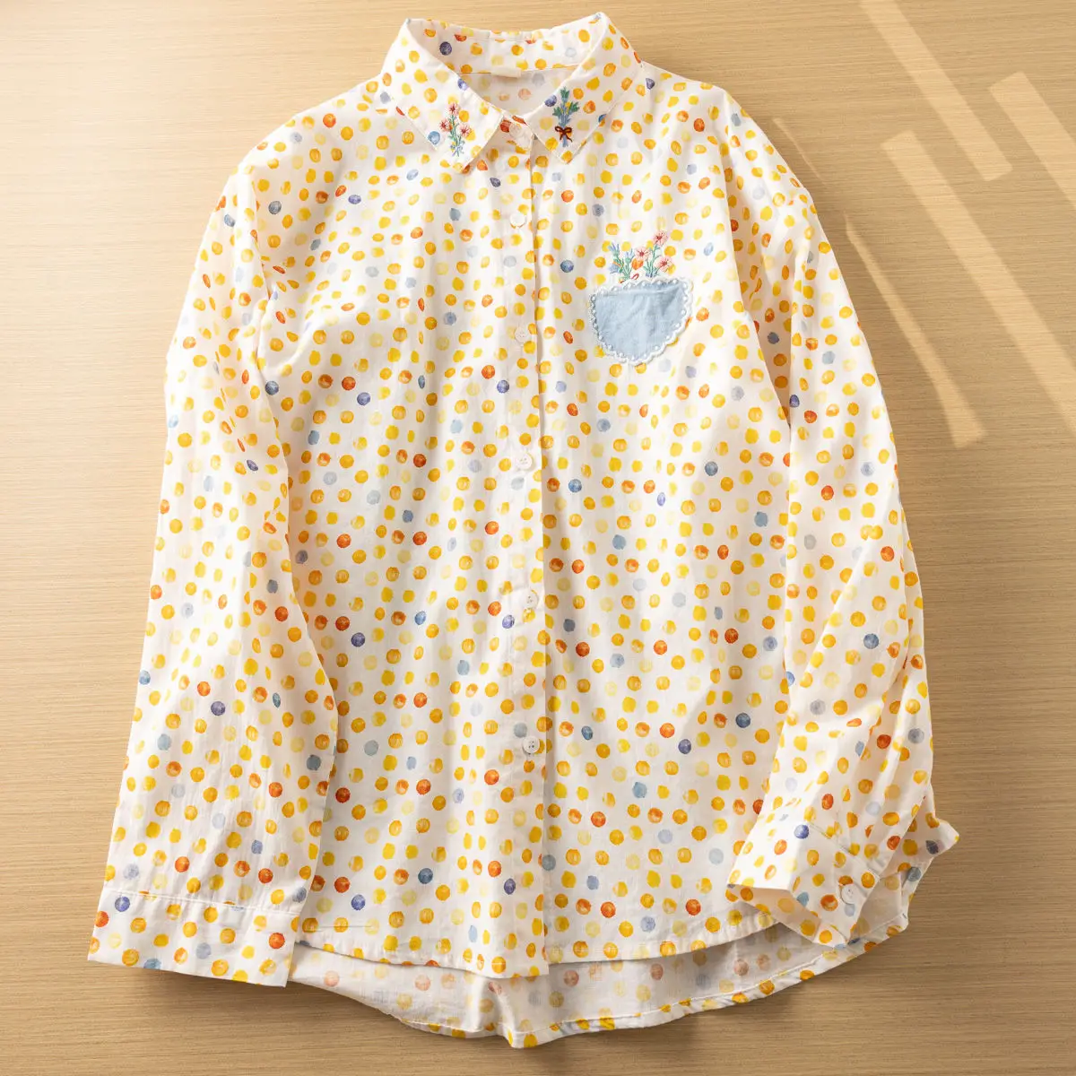 

Fresh Kawaii Sweet Colorful Polka Dots Shirt Blouse Pocket Stitch Cotton Embroidery Long Sleeve Tee Top 2024 Spring Mori Girl