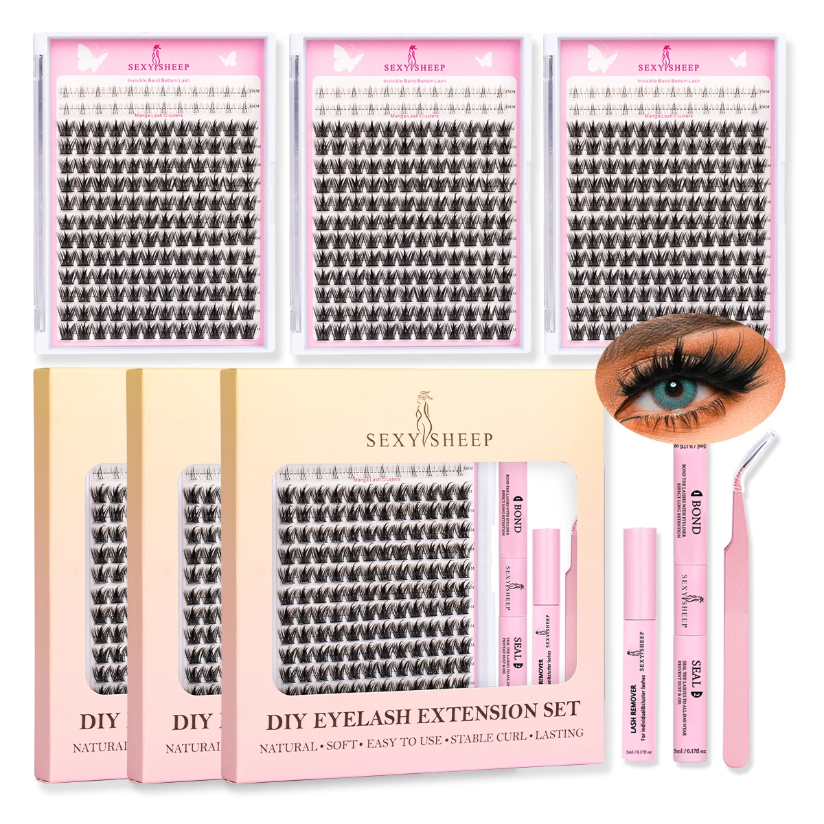 3 Boxes DIY Eyelash Clusters Kit Natural Lash With Bond&Seal Volume Fluffy Soft Eyelash Extension Festival Gift