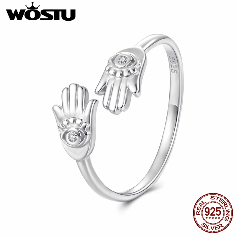 

WOSTU 925 Sterling Silver Hamsa Hand Hug Open Ring White Gold Bless Lucky for Women Birthday Daily Fine Jewelry Protection Gift